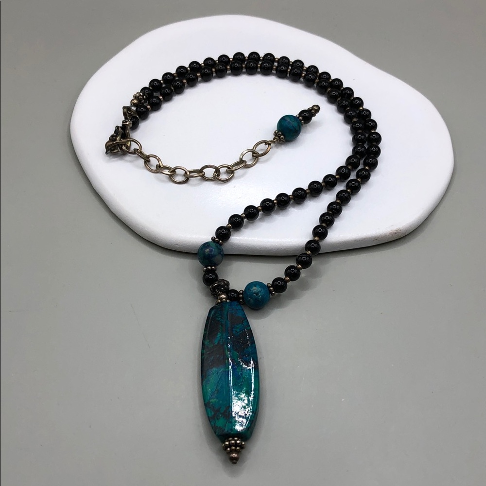 Chrysocolla stone sterling silver 925 necklace onyx beads boho artisan vintage